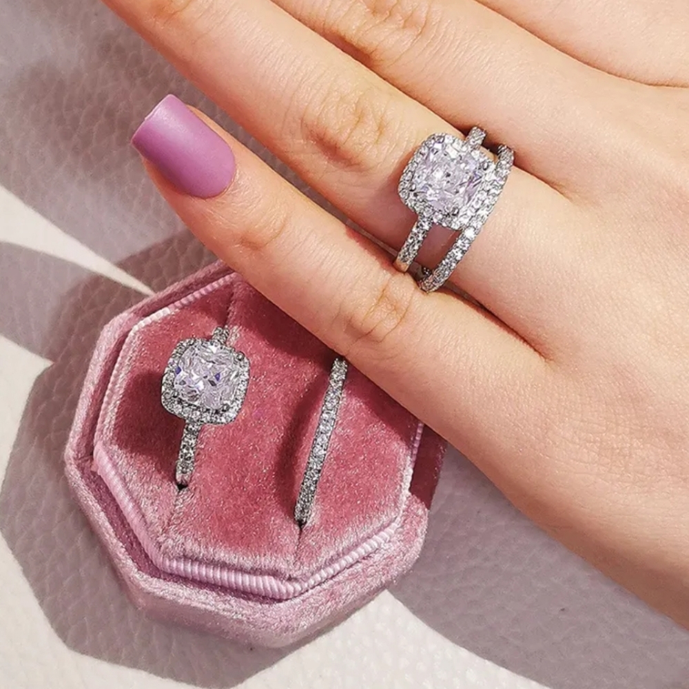 Sterling Silver Square Cushioned Bridal Set Rings